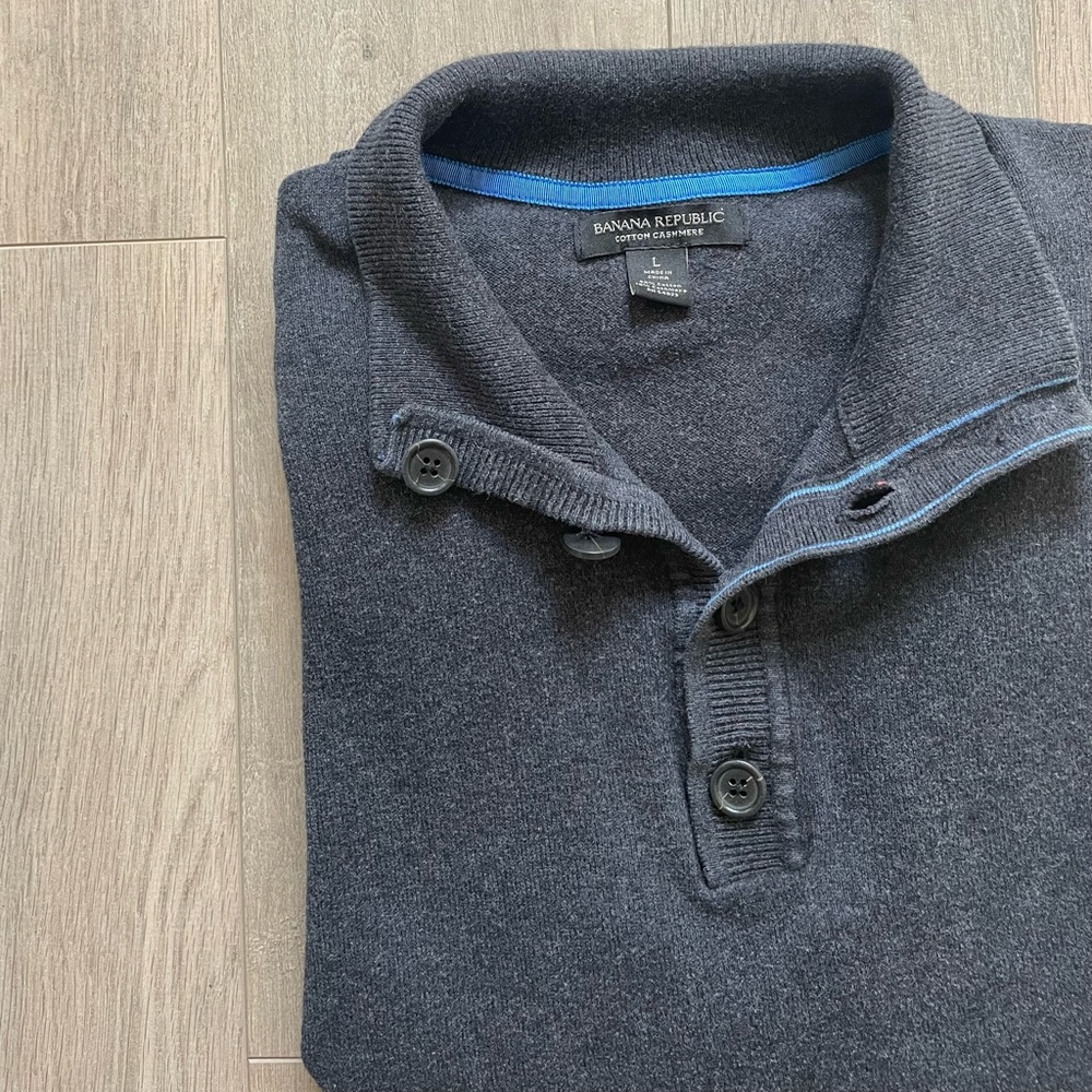 Banana Republic Dark Grey Cotton Cashmere Button Neck Sweater